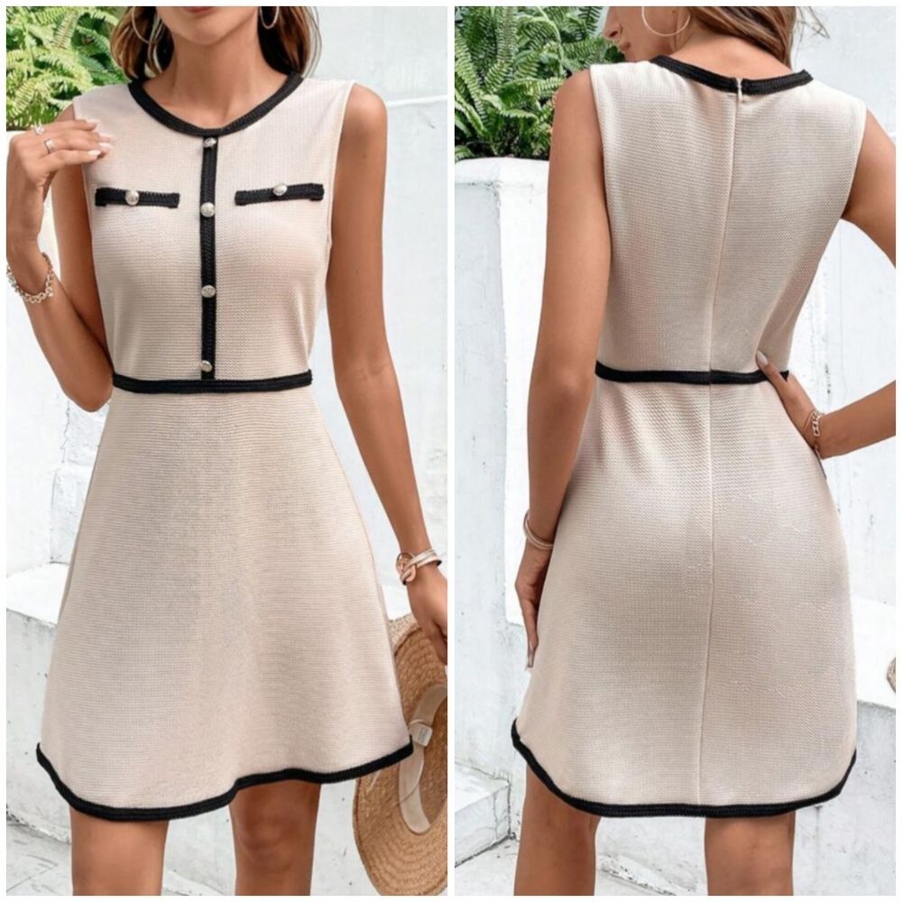 SHEIN Womens S Clasi Contrast Binding Button Detail Cream Black Sleeveless Dress